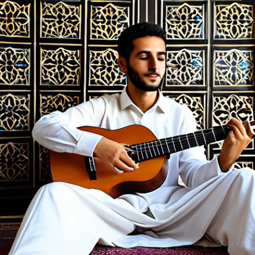 Home 11 L'Écho des Traditions Réinventées**
A focused Palestinian male musician, fully clothed in a modest, modern long-sleeved shirt and trousers, expertly playing a beautifully crafted oud. He is seated in a sunlit, professional music studio, featuring a blend of minimalist modern design and subtle traditional Palestinian artistic elements, such as intricate tile patterns or a discreet, authentic woven tapestry in the background. High-quality audio equipment is visible, emphasizing a contemporary professional setting. perfect anatomy, correct proportions, natural pose, well-formed hands, proper finger count, natural body proportions, professional photography, high resolution, detailed, safe for work, appropriate content, fully clothed, professional, modest, family-friendly.
**