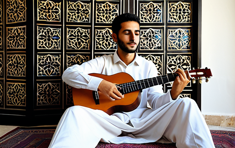 L'Écho des Traditions Réinventées**
A focused Palestinian male musician, fully clothed in a modest, modern long-sleeved shirt and trousers, expertly playing a beautifully crafted oud. He is seated in a sunlit, professional music studio, featuring a blend of minimalist modern design and subtle traditional Palestinian artistic elements, such as intricate tile patterns or a discreet, authentic woven tapestry in the background. High-quality audio equipment is visible, emphasizing a contemporary professional setting. perfect anatomy, correct proportions, natural pose, well-formed hands, proper finger count, natural body proportions, professional photography, high resolution, detailed, safe for work, appropriate content, fully clothed, professional, modest, family-friendly.

**