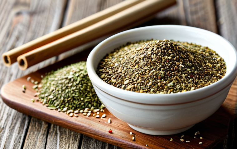 팔레스타인 전통 향신료 - Zaatar Still Life**

"A close-up, professional still life photograph of a small bowl filled with zaa...