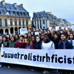 팔레스타인 인권 문제의 국제적 시각 - **Global Youth Solidarity for Justice:** A dynamic, wide shot of a diverse group of young people, ag...