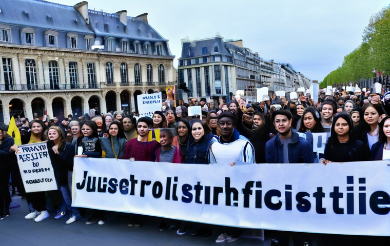 팔레스타인 인권 문제의 국제적 시각 - **Global Youth Solidarity for Justice:** A dynamic, wide shot of a diverse group of young people, ag...