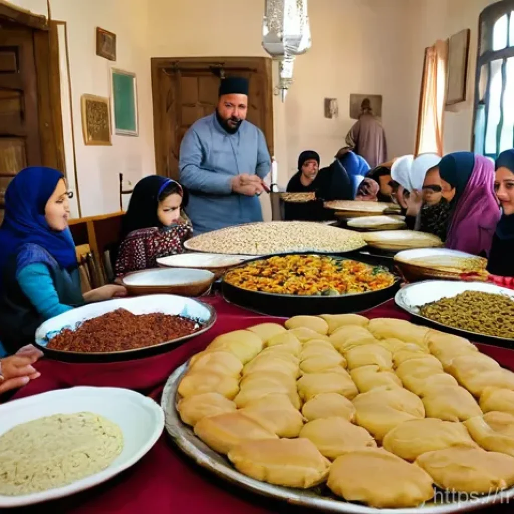 팔레스타인의 주요 기념일 - **Festive Palestinian Family Culinary Traditions for Eid:**
    "A vibrant, warm scene inside a trad...