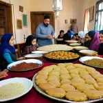 팔레스타인의 주요 기념일 - **Festive Palestinian Family Culinary Traditions for Eid:**
    "A vibrant, warm scene inside a trad...