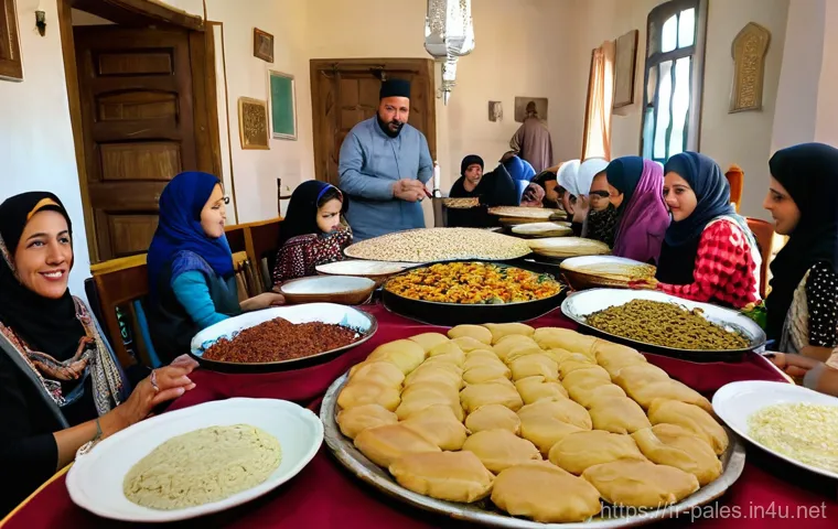 팔레스타인의 주요 기념일 - **Festive Palestinian Family Culinary Traditions for Eid:**
    "A vibrant, warm scene inside a trad...
