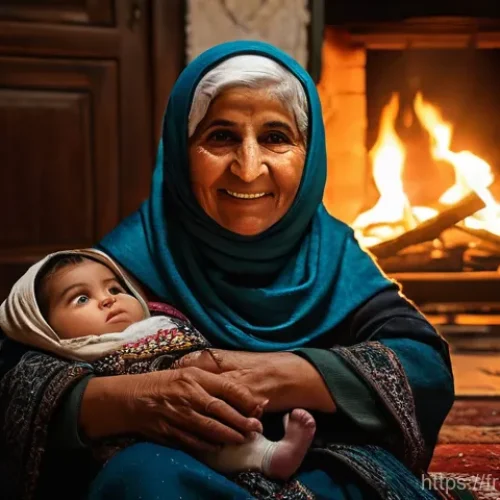 팔레스타인 민속 이야기 - **Prompt 1: The Grandmother's Tale by the Fire**
    "A heartwarming scene of an elderly Palestinian...