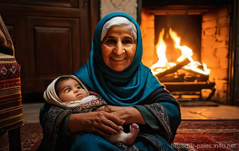 팔레스타인 민속 이야기 - **Prompt 1: The Grandmother's Tale by the Fire**
    "A heartwarming scene of an elderly Palestinian...