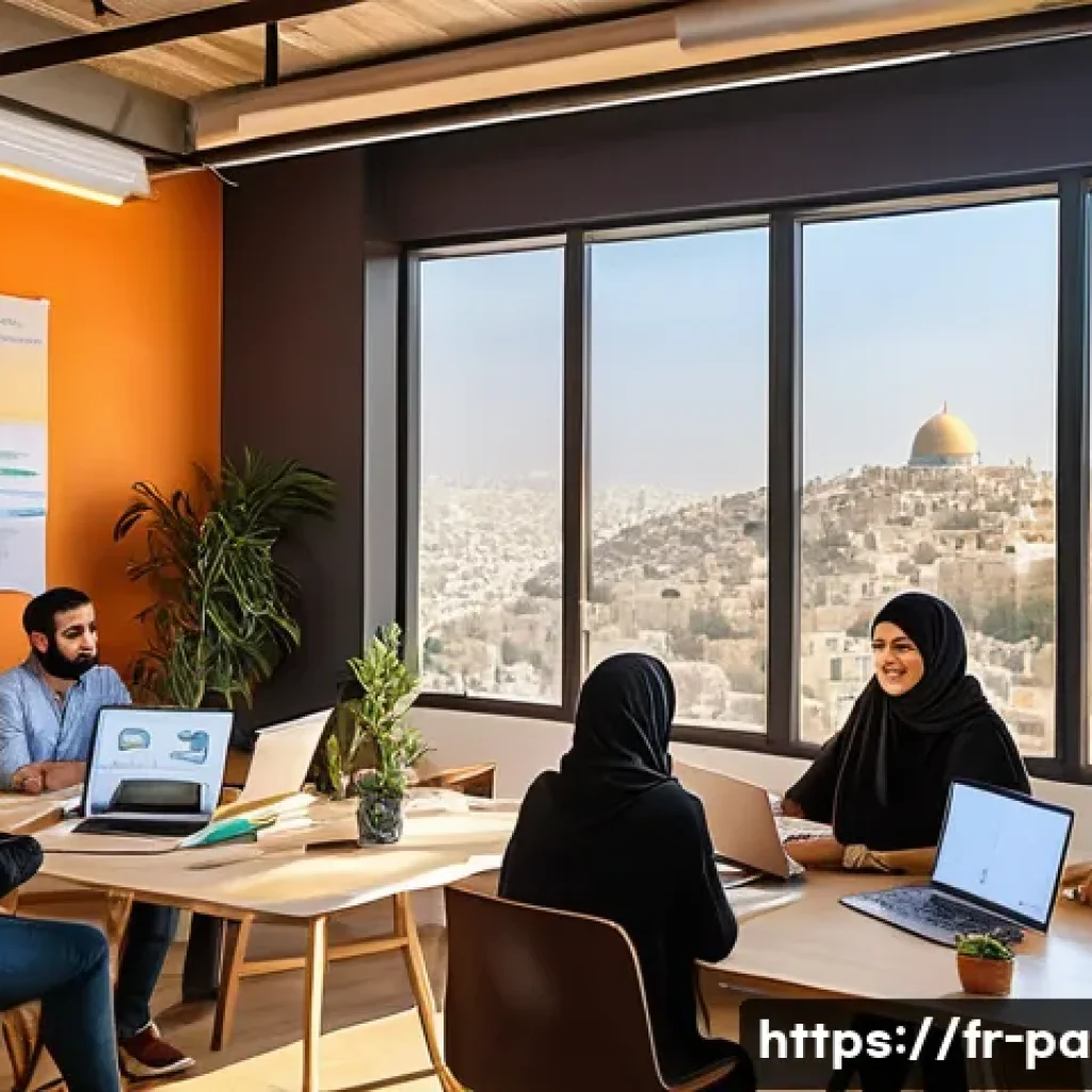 팔레스타인에서의 스타트업 문화 - A vibrant coworking space in Palestine filled with young, diverse entrepreneurs collaborating on tec...