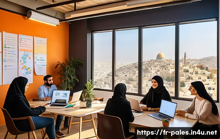팔레스타인에서의 스타트업 문화 - A vibrant coworking space in Palestine filled with young, diverse entrepreneurs collaborating on tec...