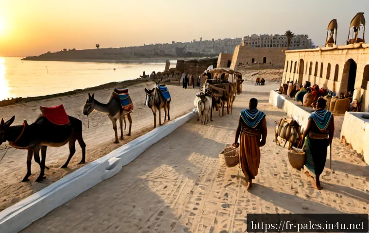 팔레스타인과 이집트의 역사적 연대 - Photorealistic museum-style historical scene showing ancient Egyptian merchants arriving at a Levant...