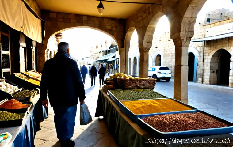 팔레스타인 내 유명 시장 탐방 - Photorealistic early-morning exploration of a historic Palestinian open-air market in Nablus, warm s...