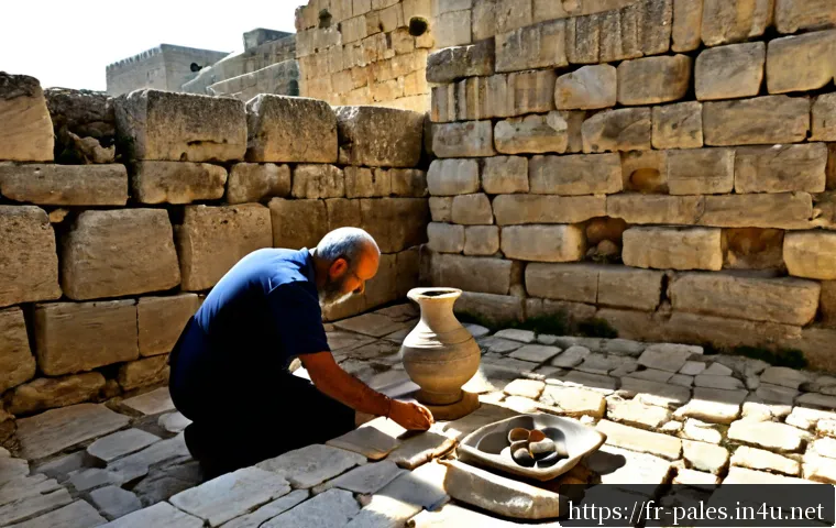 Home 17 팔레스타인과 유대교의 역사적 연관성 - Photorealistic archaeological scene in ancient Jerusalem, weathered limestone walls and excavated st...