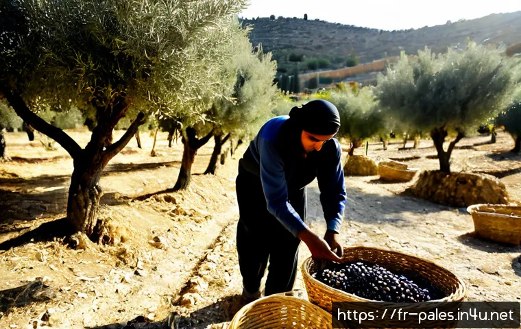 팔레스타인 경제 구조 - Photorealistic morning scene in a Palestinian olive grove near a stone village, local farmers in mod...